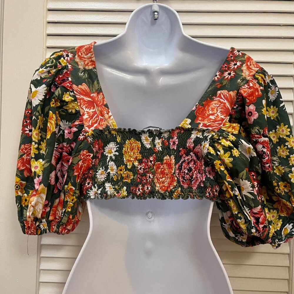 Zara Green Floral Puff Sleeve Crop Top Smocked Back Size S - Picture 4 of 8
